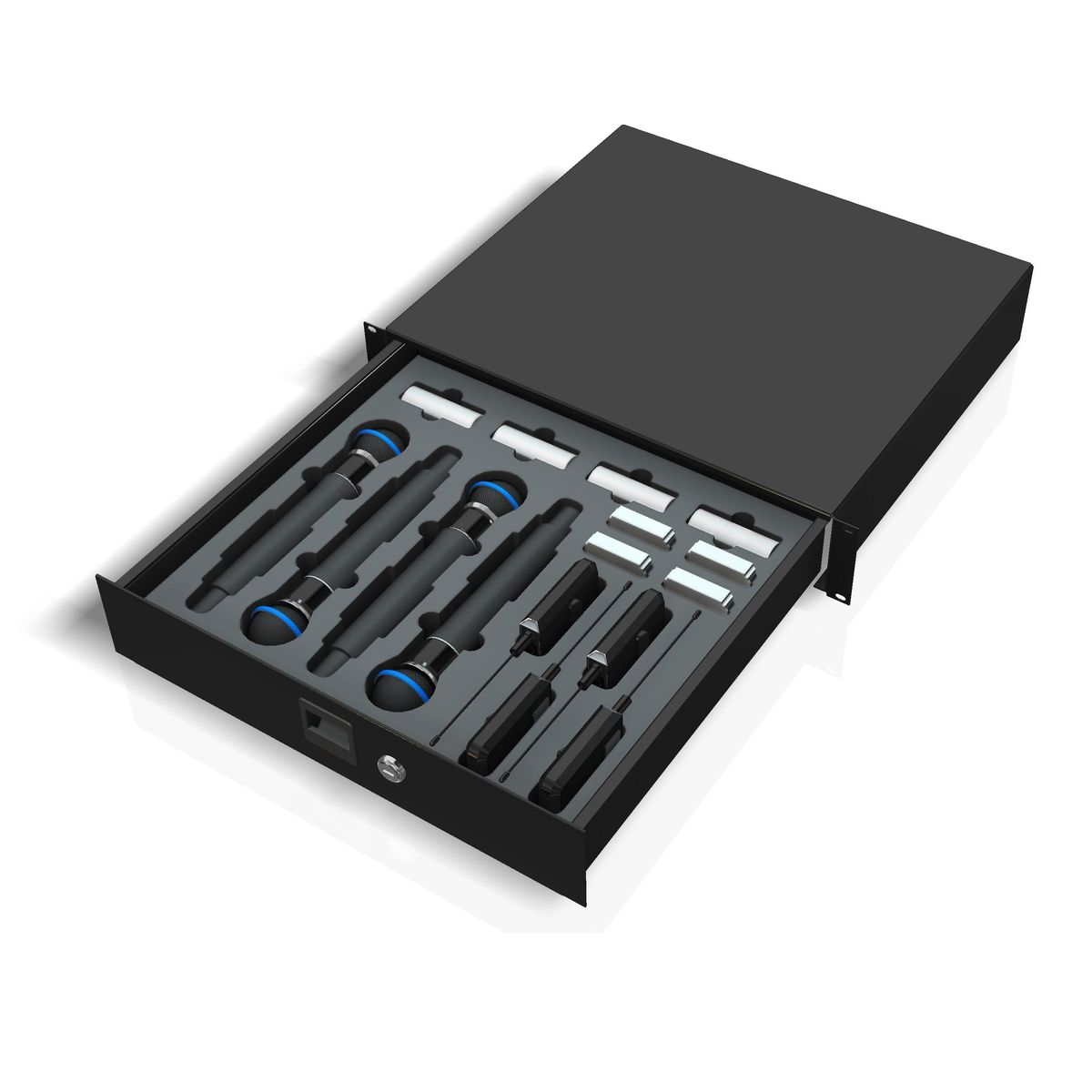 2U Skuminnlegg 4x Shure ADX2 SM58 og 4x AD1X Beltpack med batteri